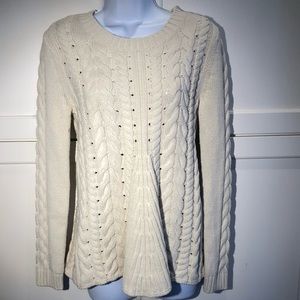 CAbi Ivory Lace Up cable knit sweater Size S